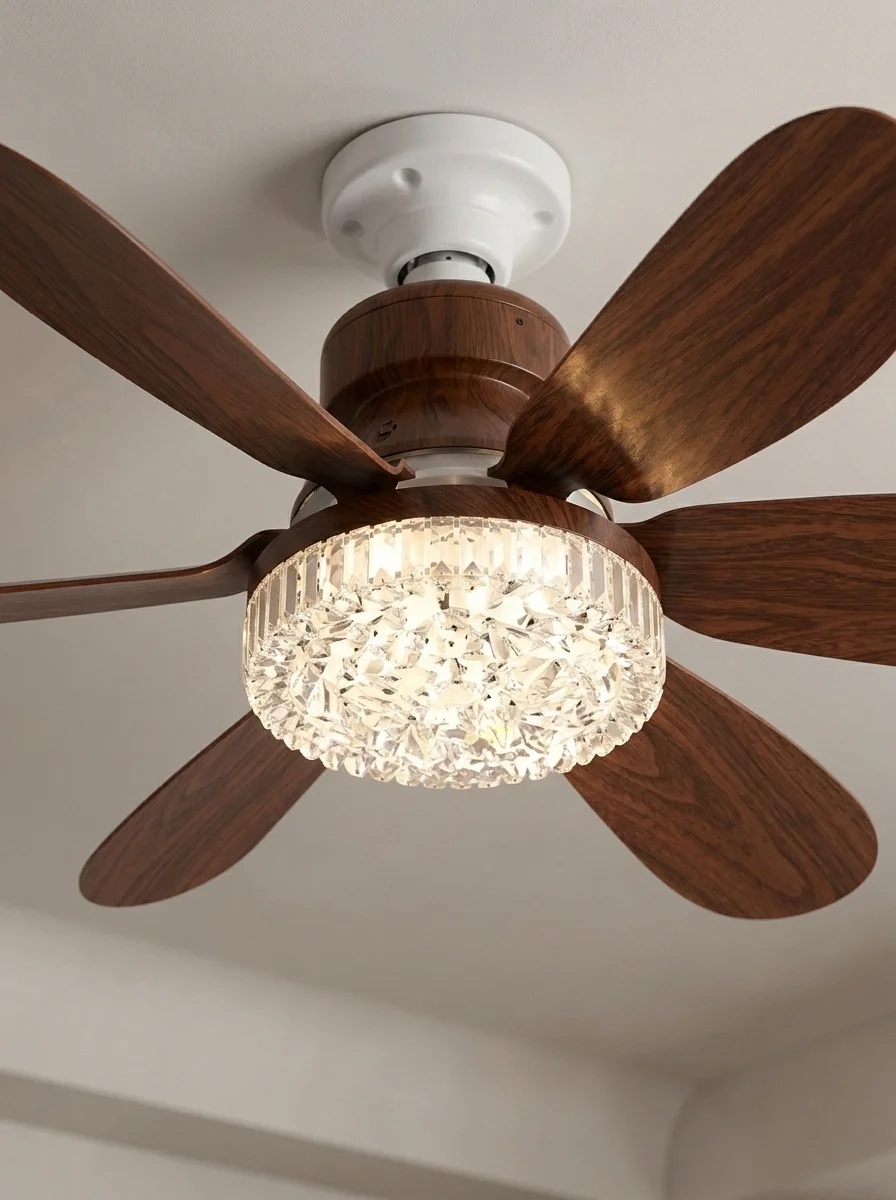 Crystal Aura 52 cm Ultra Sessiz Ahşap Renk LED Tavan Vantilatörü | 3 Kademeli Bakır Motor | Kumandalı Kristal Avize Vantilatör