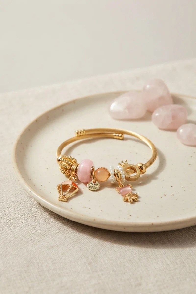Pembe Uçan Model Charmlı Gold Renk Bileklik