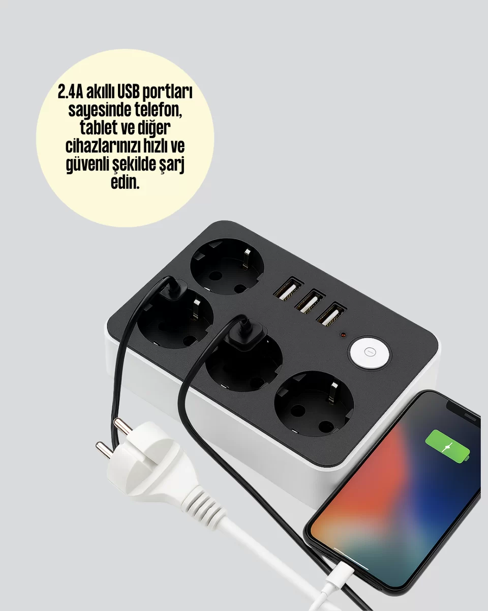 3 USB Çıkışlı 4’lü Akıllı Priz 2500W 2 Metre Kablo