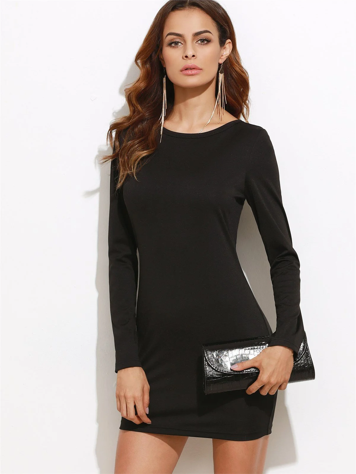 B101321 Sırt Dekolteli Uzun Kollu Mini Elbise