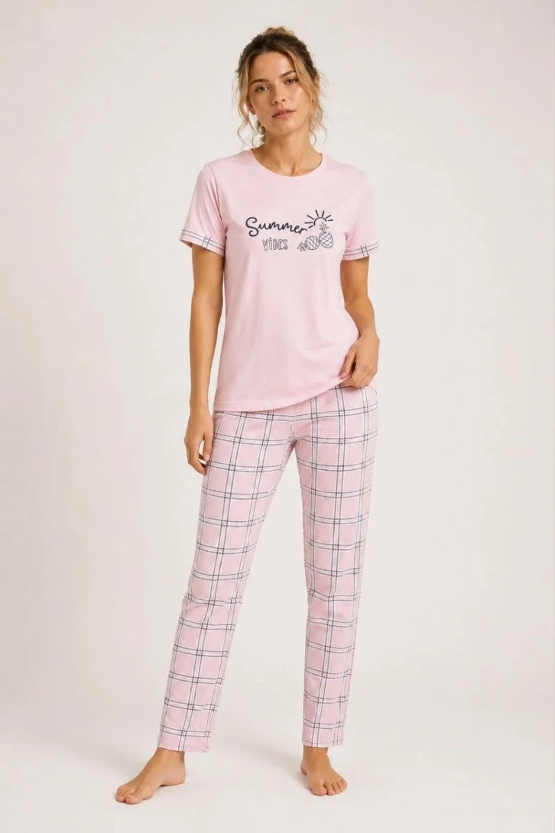 Kadın Pamuklu Penye Summer Baskılı Kısa Kollu Pijama Takımı Bisiklet Yaka Ekose Desenli - Lila