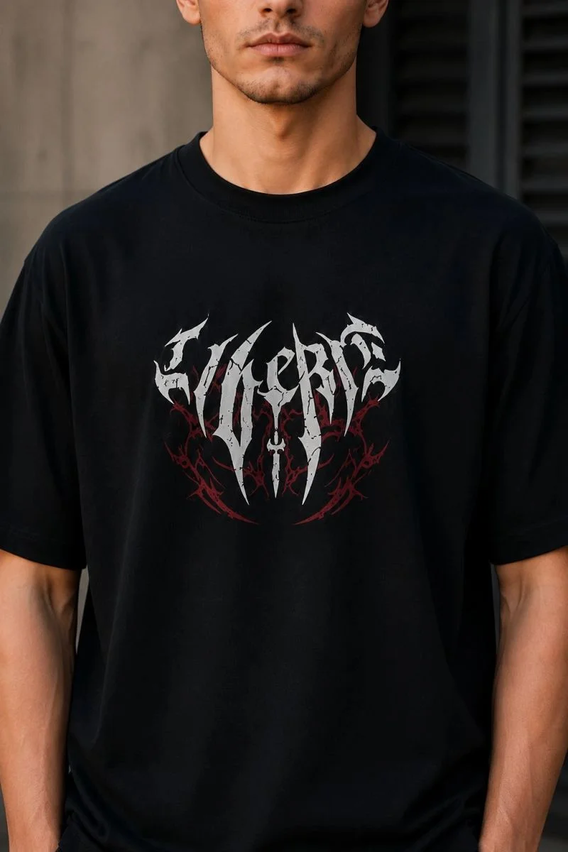 Erkek Gotik Yazı Baskılı Oversize Bisiklet Yaka T-Shirt - Siyah