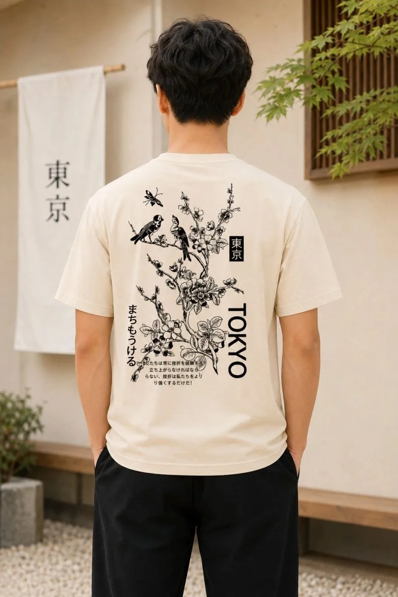 Erkek Ön ve Arka Tokyo Kuş Çiçek Baskılı Oversize T-Shirt - Ekru