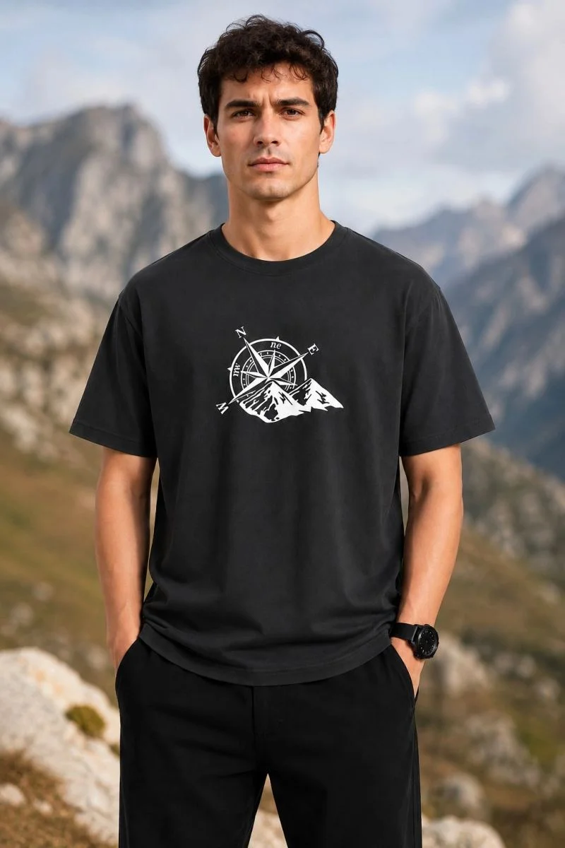 Erkek Outdoor Pusula Dağ Baskılı Kısa Kollu Oversize T-Shirt - Siyah