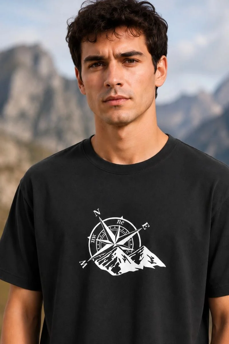 Erkek Outdoor Pusula Dağ Baskılı Kısa Kollu Oversize T-Shirt - Siyah