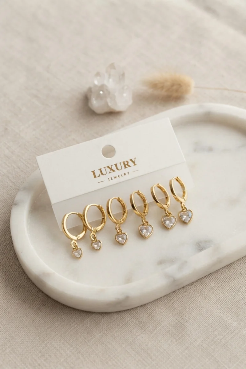 Kalp Zirkon Taşlı Gold Renk Pirinç Set Küpe