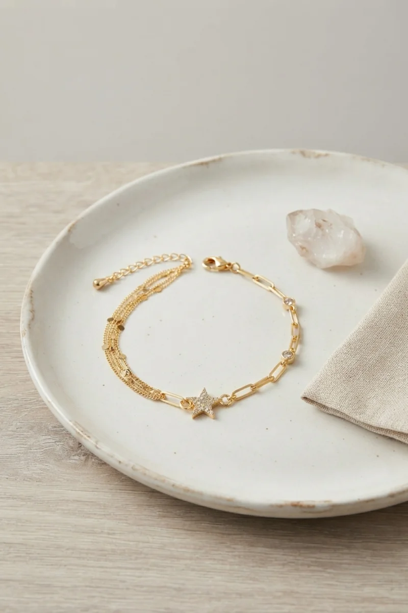 Gold Renk Pirinç Ataç ve Puntalı Zincirli Yıldız Model Kadın Bileklik