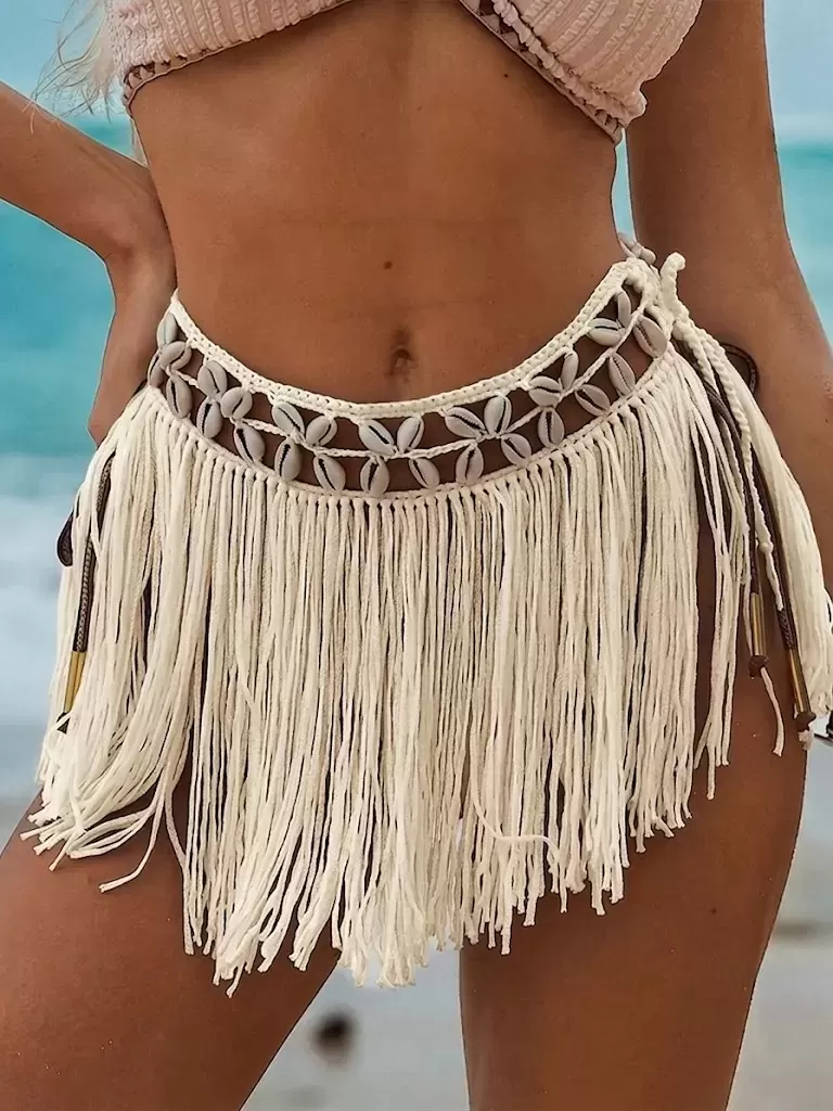 Ekru Bikini Üstü Deniz Kabuklu Püsküllü Pareo,Beachwear,Bikini Üstü El Emeği Plaj Eteği,Bohem Etek