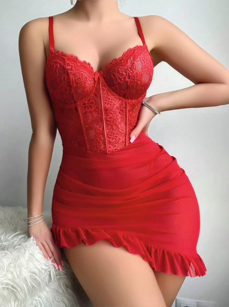 Kadın Kırmızı Asimetrik Kesim Transparan Fantezi Gecelik 2303