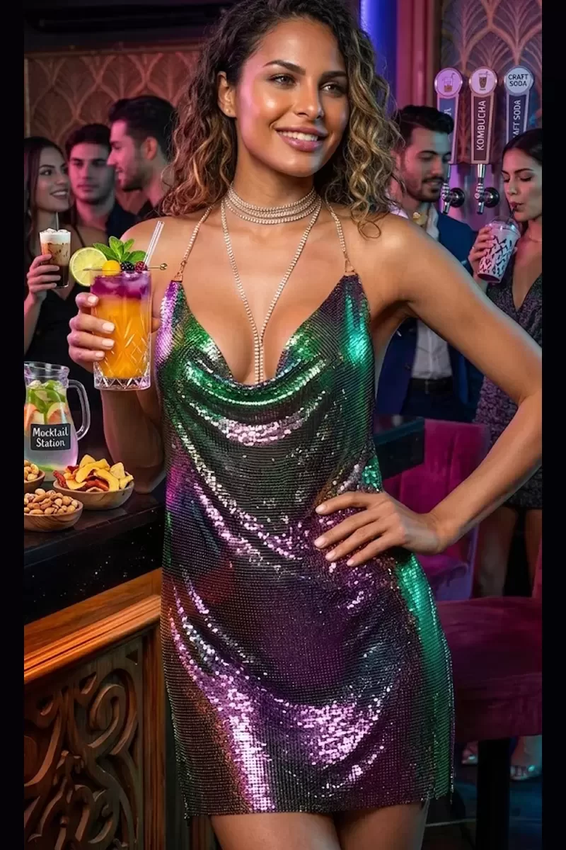 Kadın Renkli Zincir Askılı Parlak Taşlı Gece Elbisesi Sırt Dekolteli Mini Parti Elbisesi Clubwear,Parti Club Elbisesi
