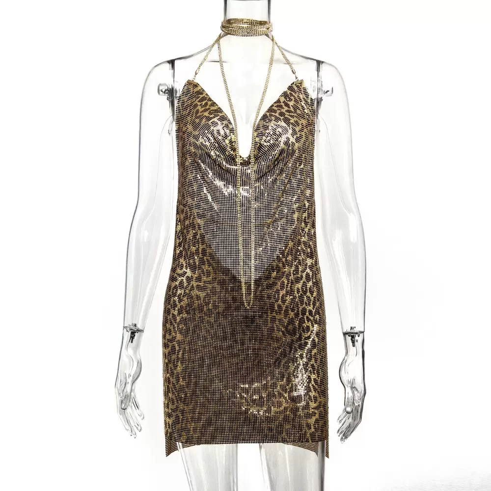 Kadın Leopard  Zincir Askılı Parlak Taşlı Gece Elbisesi Sırt Dekolteli Mini Parti Elbisesi Clubwear,Parti Club Elbisesi