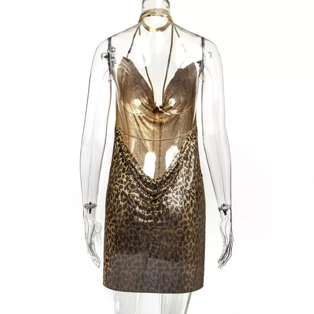 Kadın Leopard  Zincir Askılı Parlak Taşlı Gece Elbisesi Sırt Dekolteli Mini Parti Elbisesi Clubwear,Parti Club Elbisesi