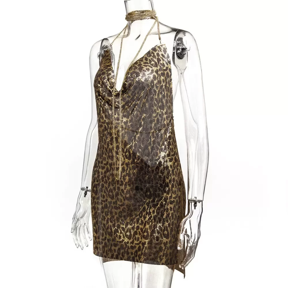 Kadın Leopard  Zincir Askılı Parlak Taşlı Gece Elbisesi Sırt Dekolteli Mini Parti Elbisesi Clubwear,Parti Club Elbisesi