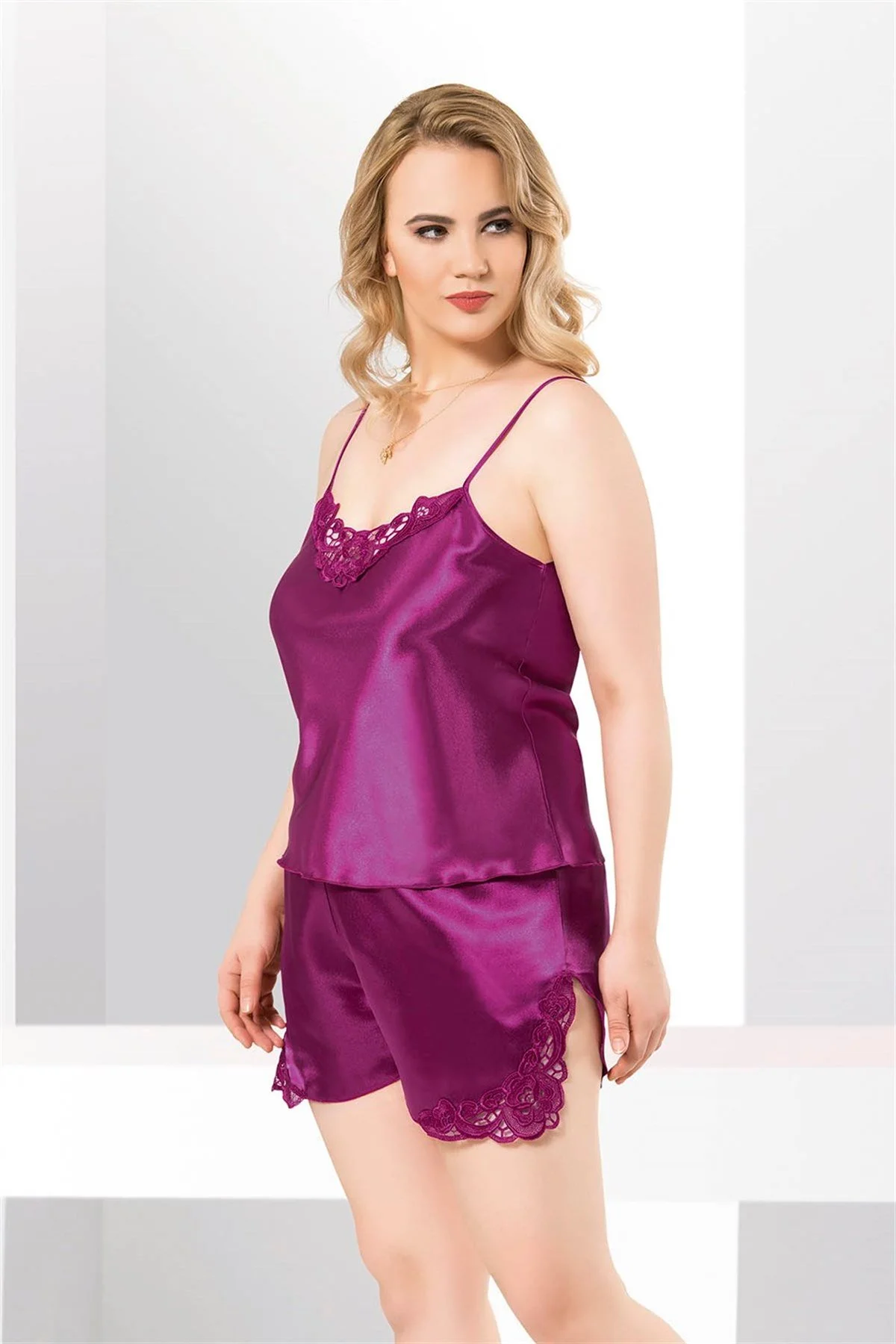 Büyük Beden Mor Saten Babydoll Şort Takımı