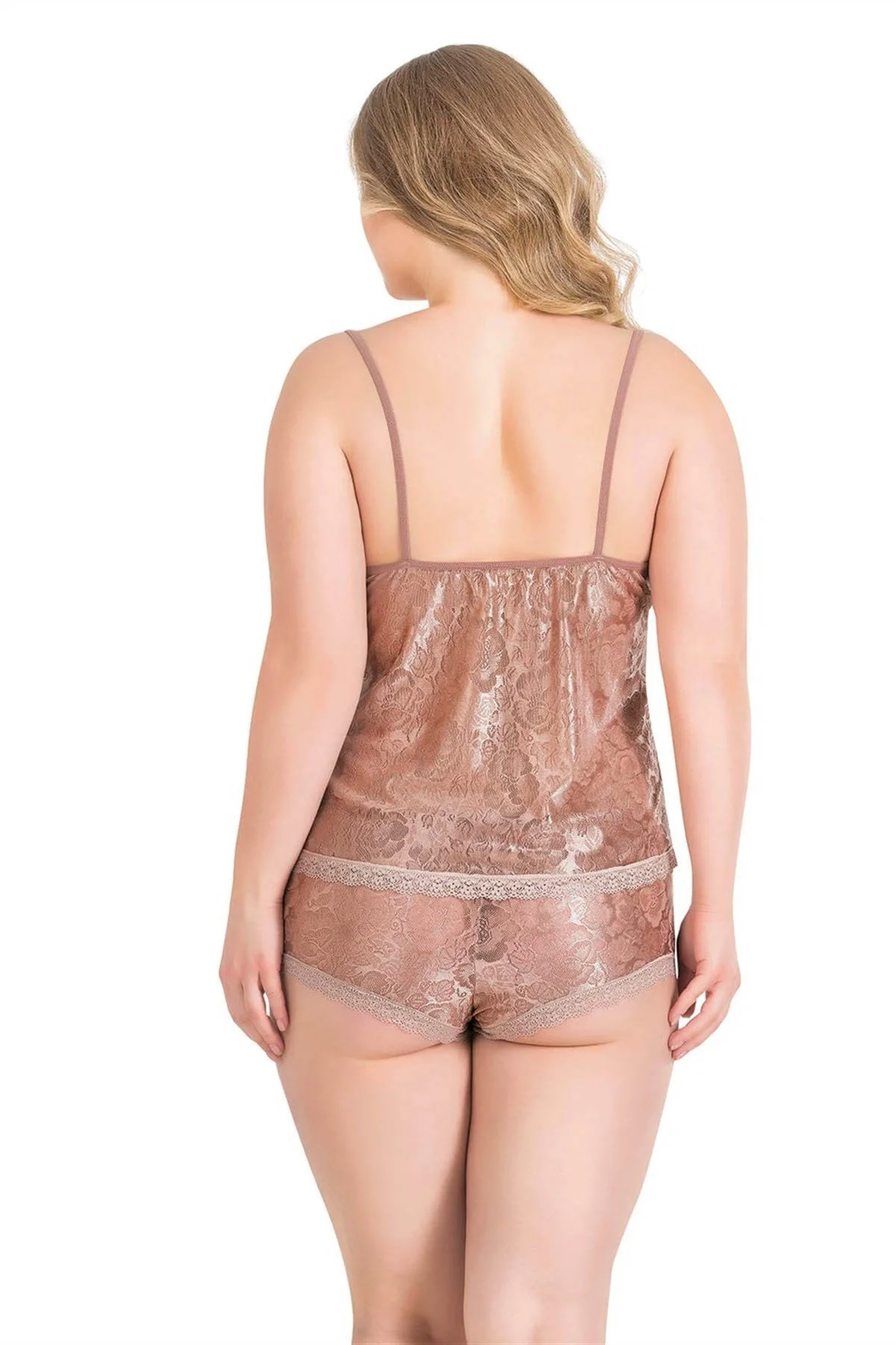 Büyük Beden Vizon Jakarlı Babydoll Şort Takımı