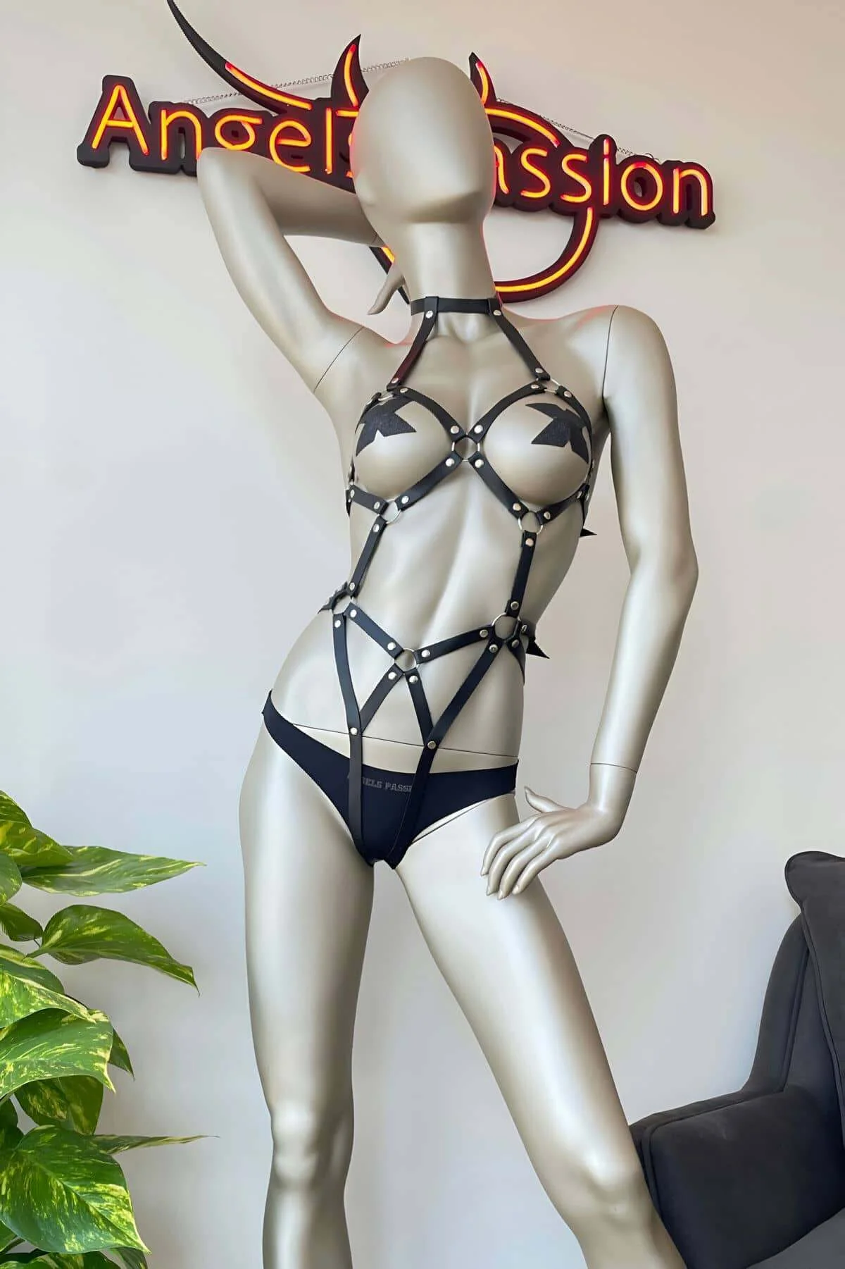 Siyah Deri Fantazi Dansçı Harness Kostüm - Brf514