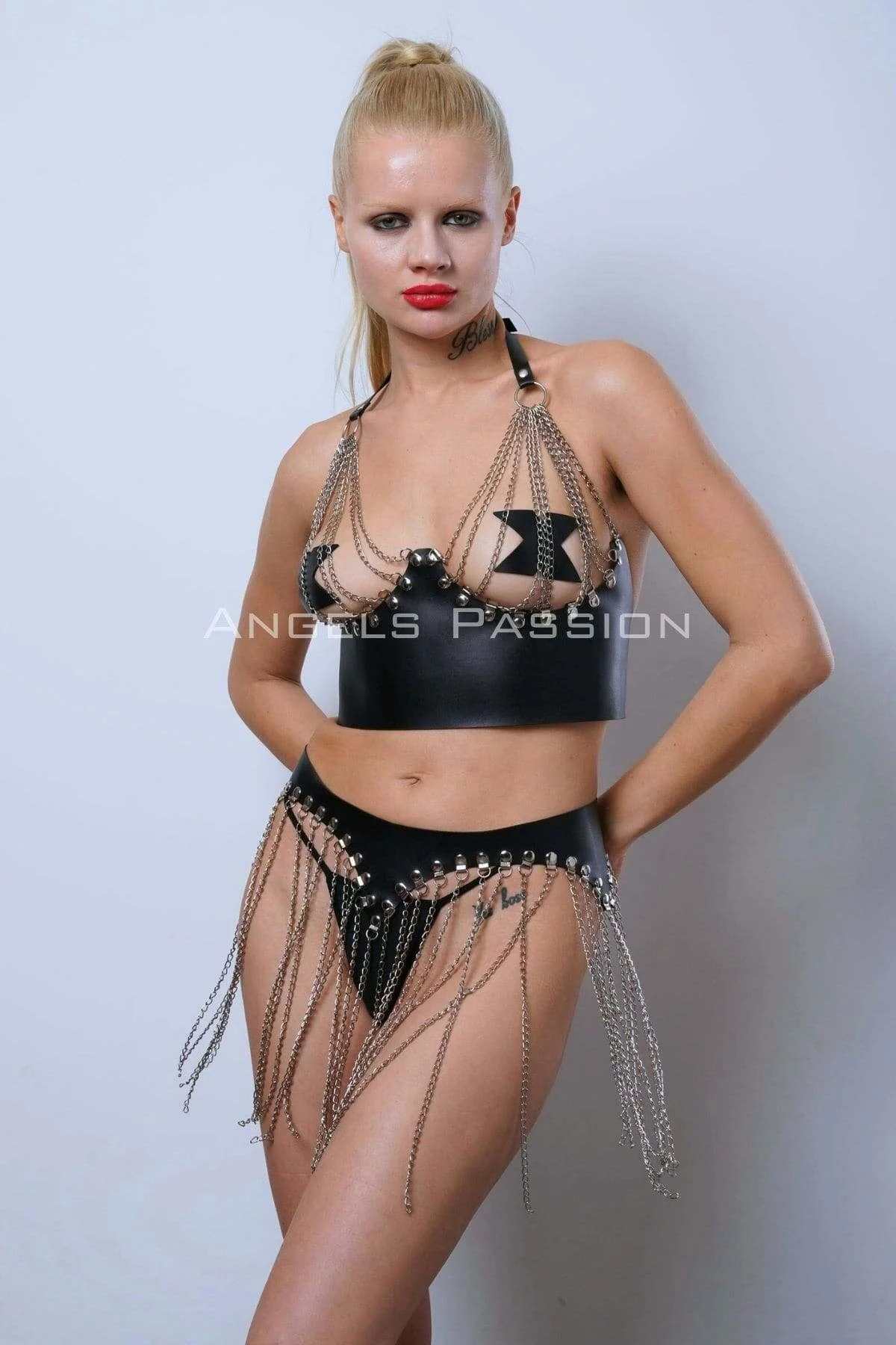 Zincirli Büstiyer Etek Takım, Şık Deri Etek Ve Büstiyer - Brf994