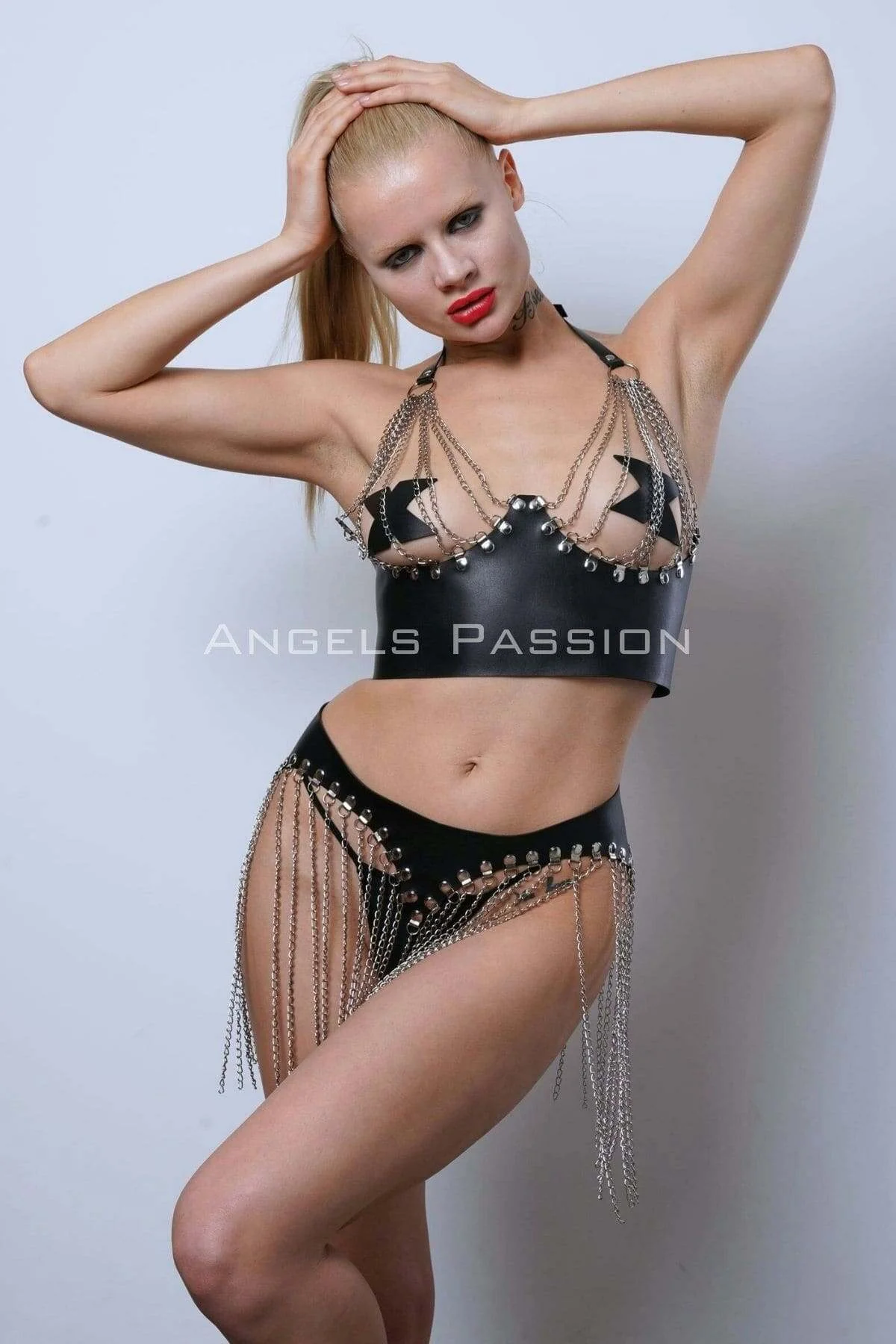 Zincirli Büstiyer Etek Takım, Şık Deri Etek Ve Büstiyer - Brf994