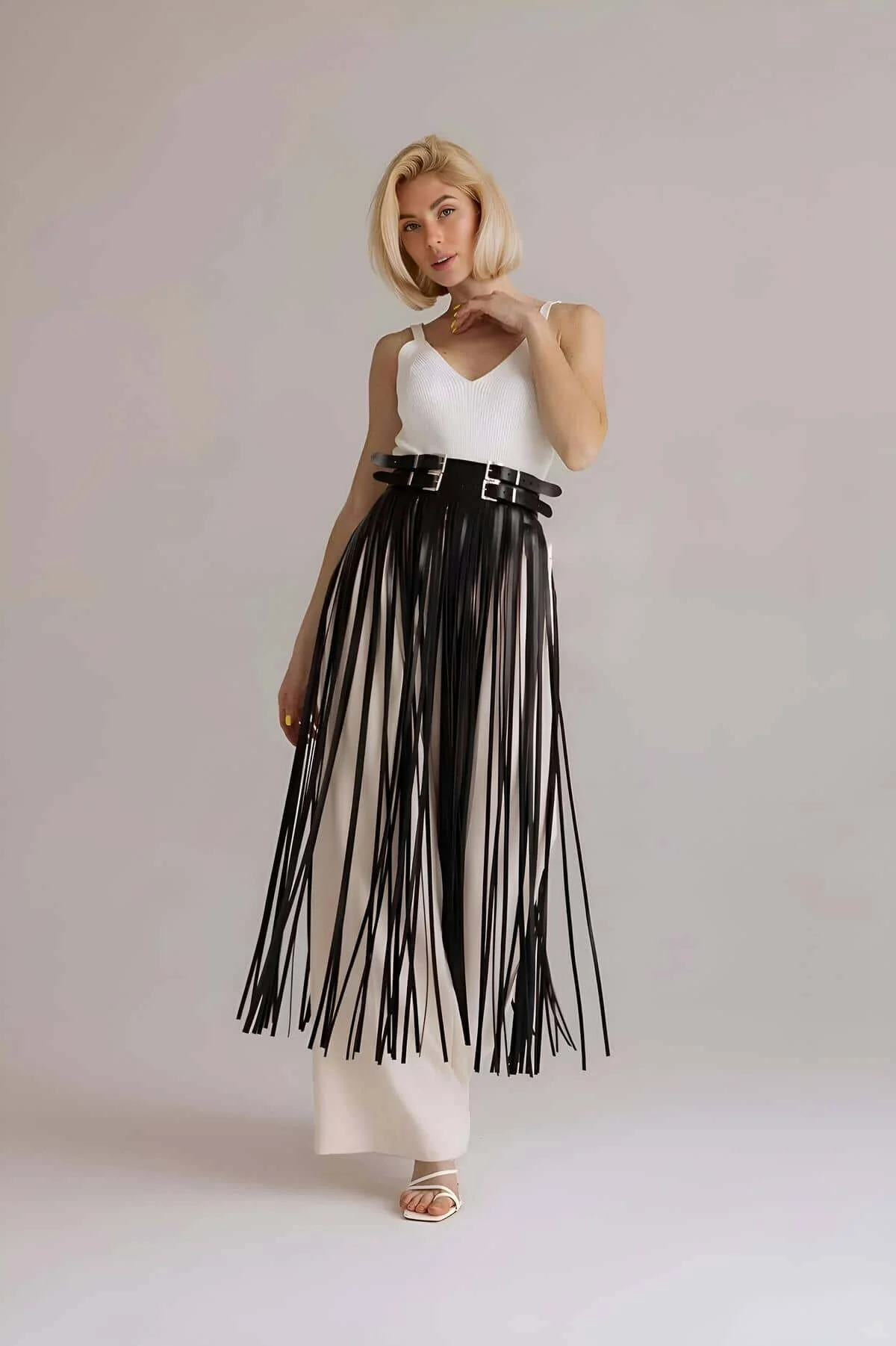 Püsküllü Deri Etek, Bel Üzeri Şık Püsküllü Deri Etek - Brf1090