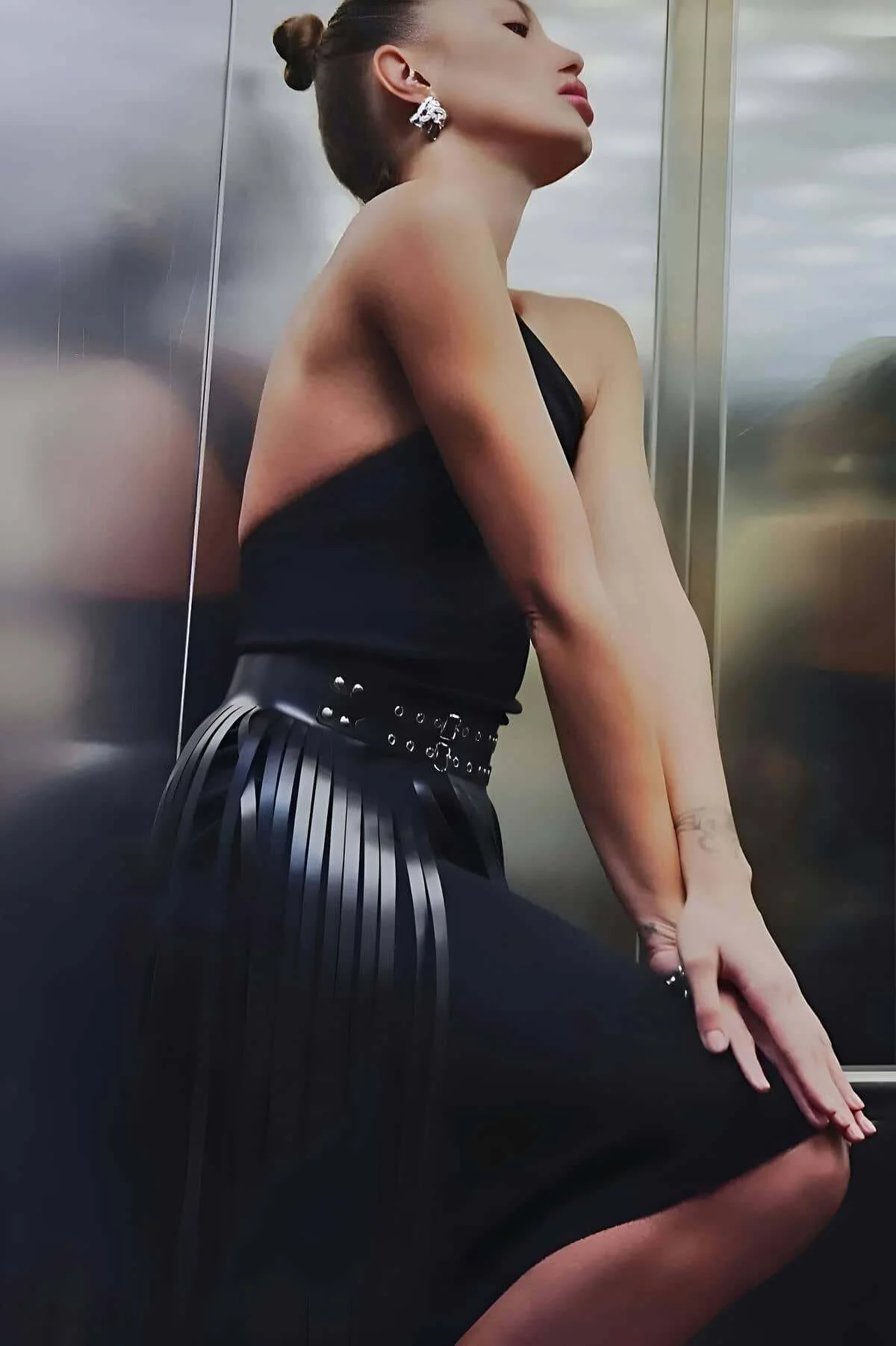 Püsküllü Deri Etek, Şık Deri Etek, Uzun Deri Etek, Siyah Deri Etek - Brf637