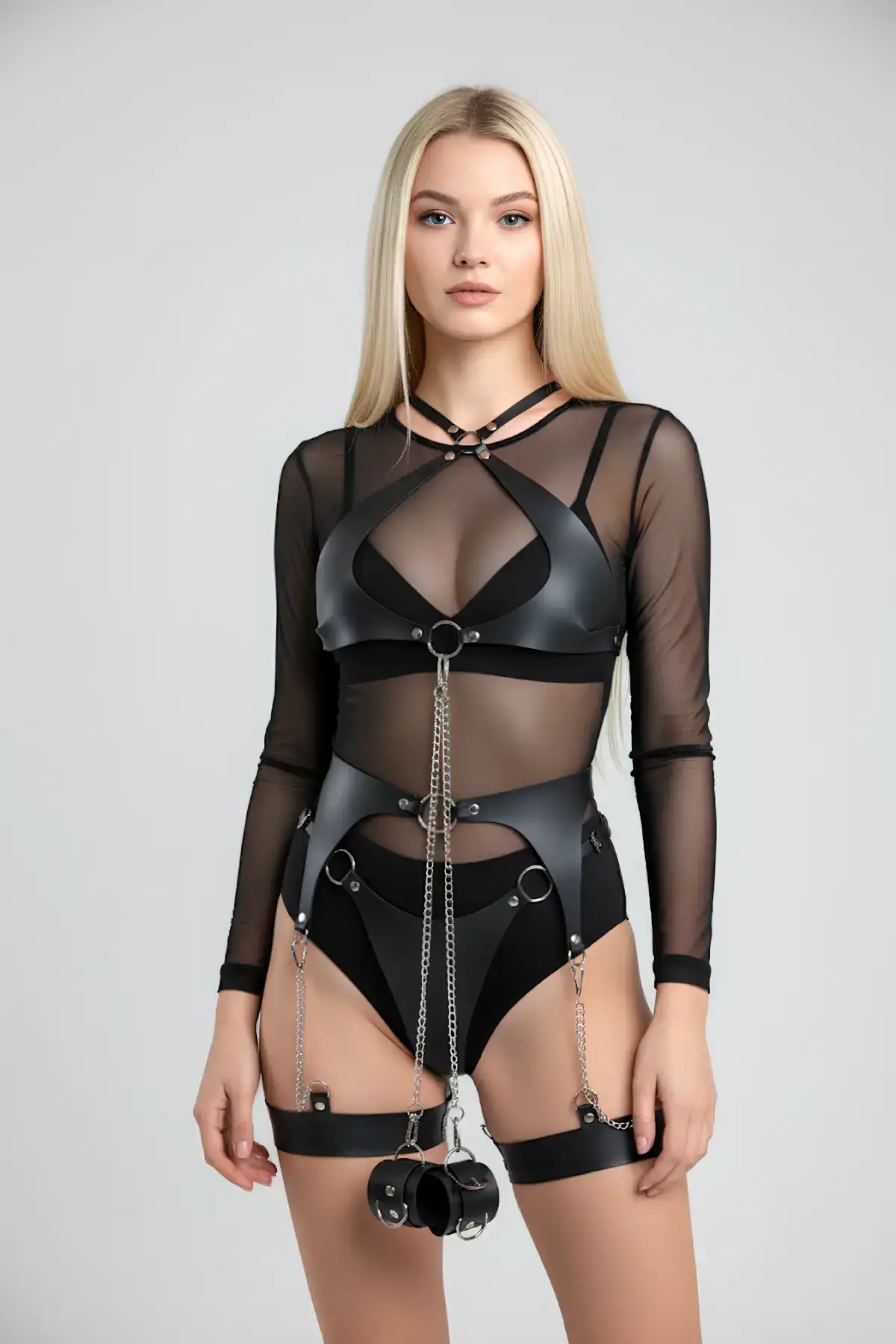 Zincir Detaylı Şık Deri Jartiyer Takım, Şık Fantezi Takım, Deri İç Giyim - Brf1219