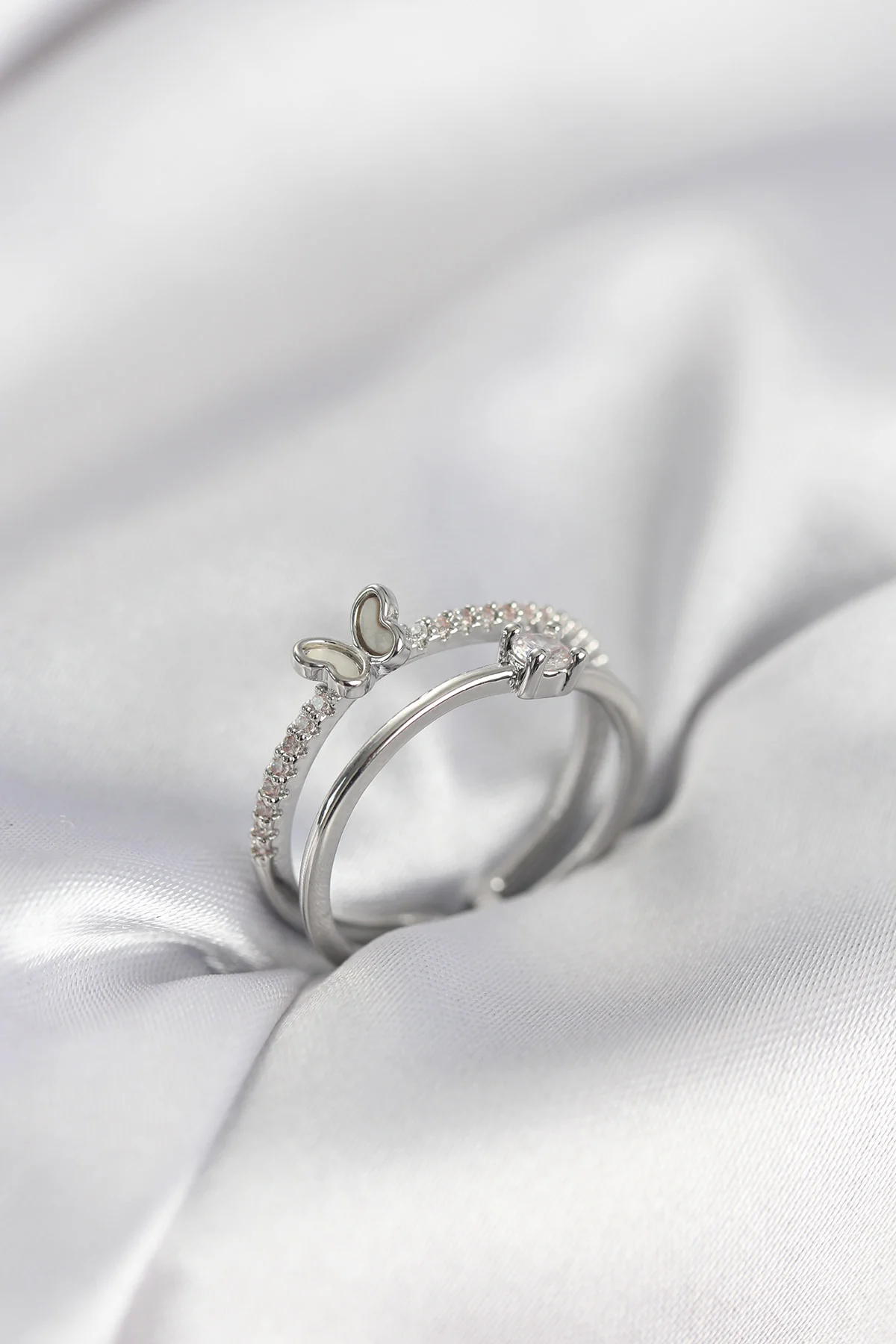 Gümüş Renk 2'li Zirkon Taşlı Kelebek Model Kadın Yüzük