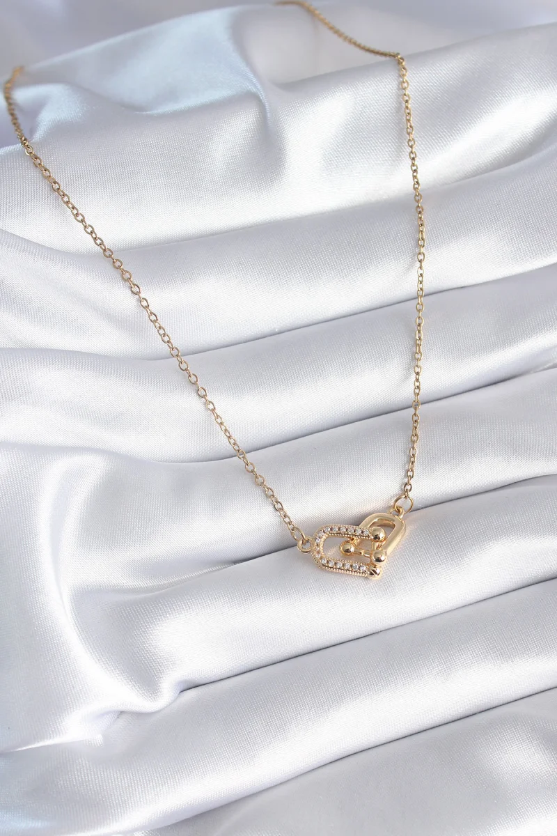 316L Çelik Gold Renk Zirkon Taşlı Model Kadın Kolye