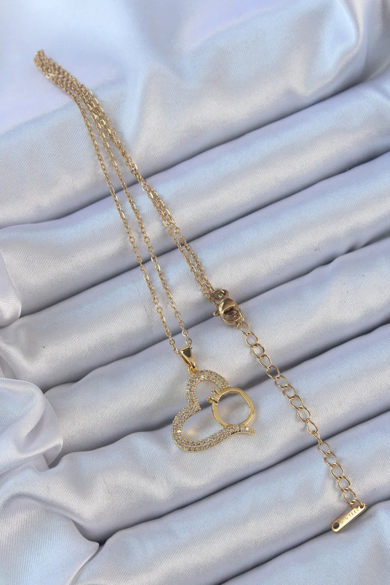 316L Çelik Zincir Gold Renk Zirkon Taşlı Yüzüklü Kalp Kolye