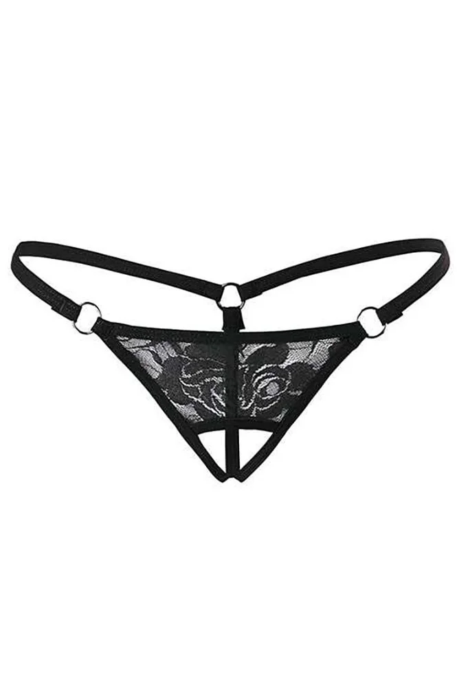 Siyah Dantelli Özel Bölgesi Açık G-string Brf1167