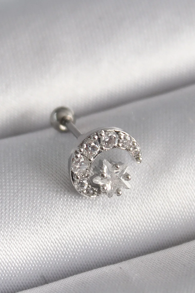 316L Çelik Gümüş Renk Zirkon Taşlı Ay Yıldız Tragus Piercing