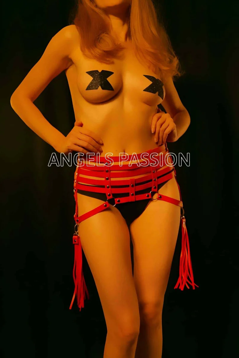 Püsküllü Kırmızı Deri Harness Korse - Brf408