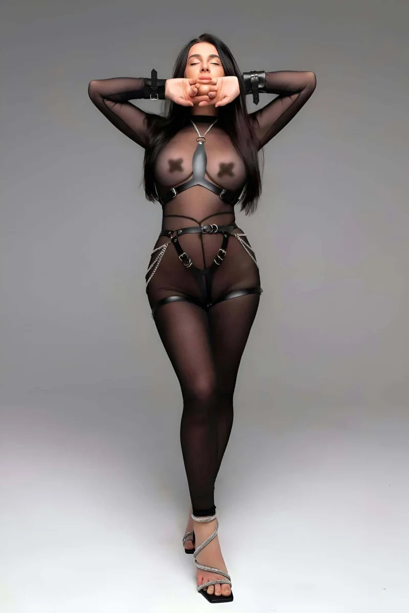 Kelepçe Detaylı Ağı Açık Harness Külot Ve Göğüs Harness Takım - Brf1191