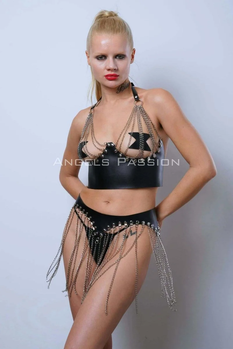 Zincirli Büstiyer Etek Takım, Şık Deri Etek Ve Büstiyer - Brf994