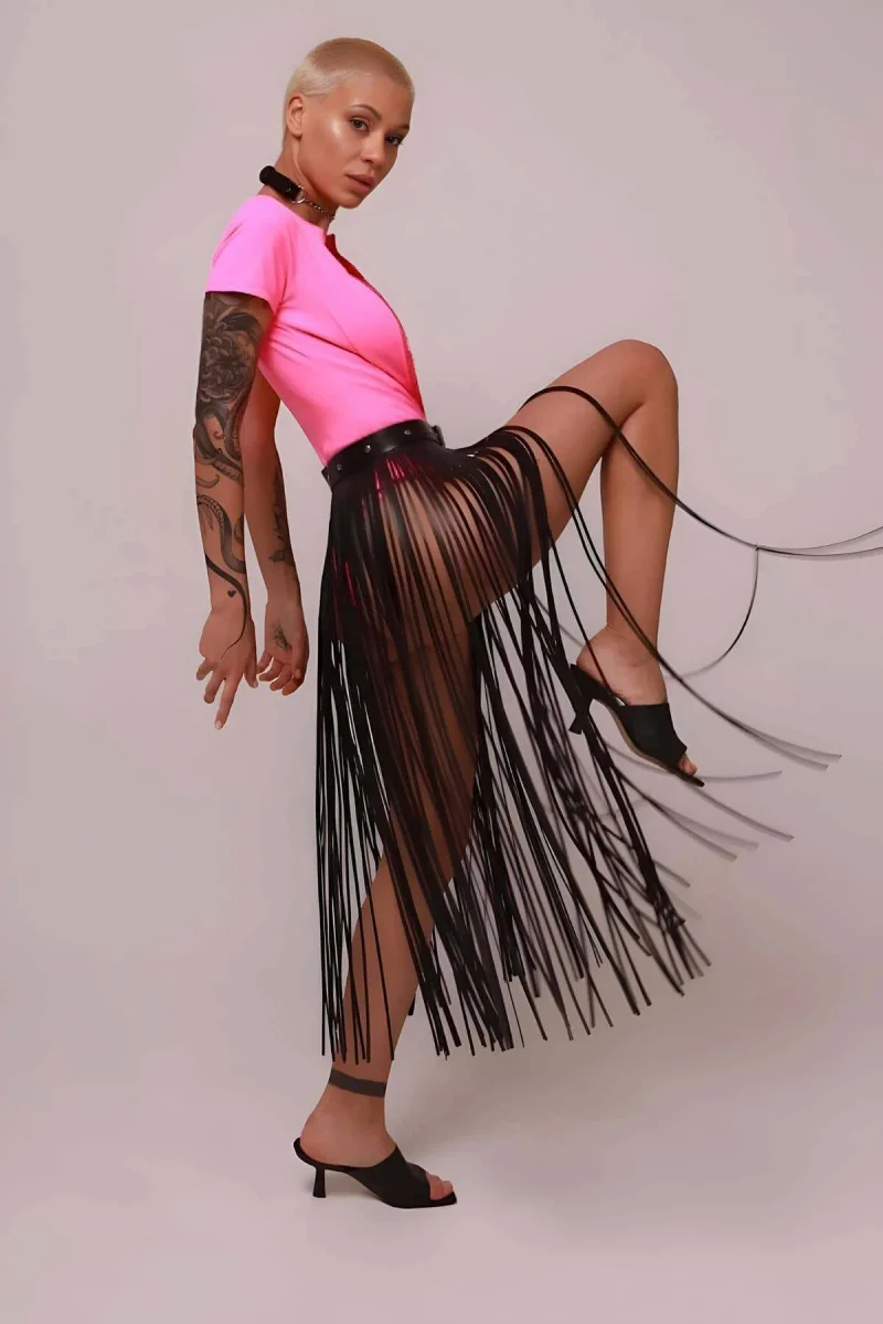 Deri Püsküllü Etek, İnce Püsküllü Boy Etek, Şık Deri Etek Harness - Brf1088