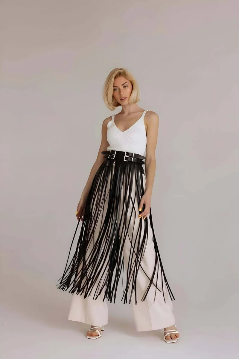 Püsküllü Deri Etek, Bel Üzeri Şık Püsküllü Deri Etek - Brf1090