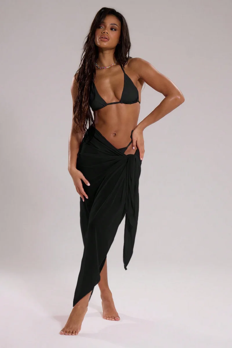 Kadın Siyah Bodrum Stili Bağlama Detaylı 150x75 Pareo