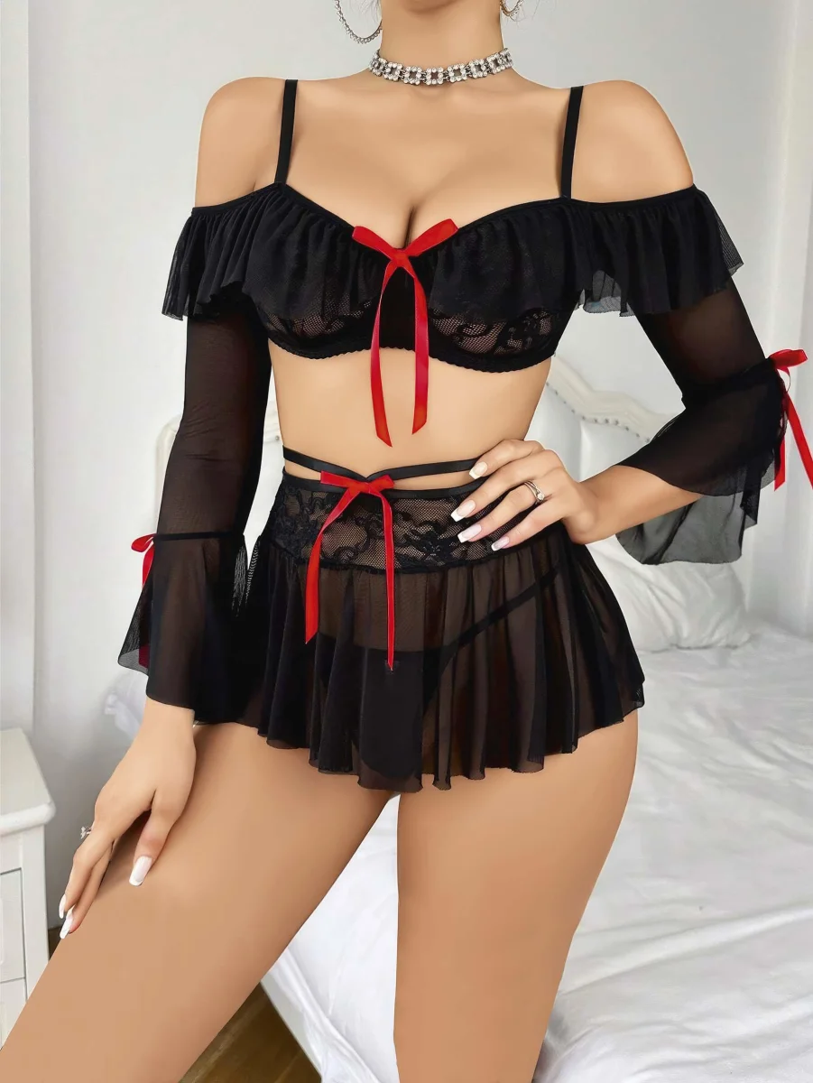 Kadın Siyah Etek Bustiyer Sexy Gecelik Takım 3831