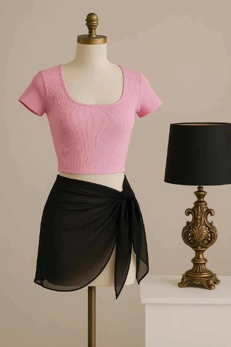 Kadın Pembe Yarım Kol Crop Ve Siyah Pareo 2'li Set