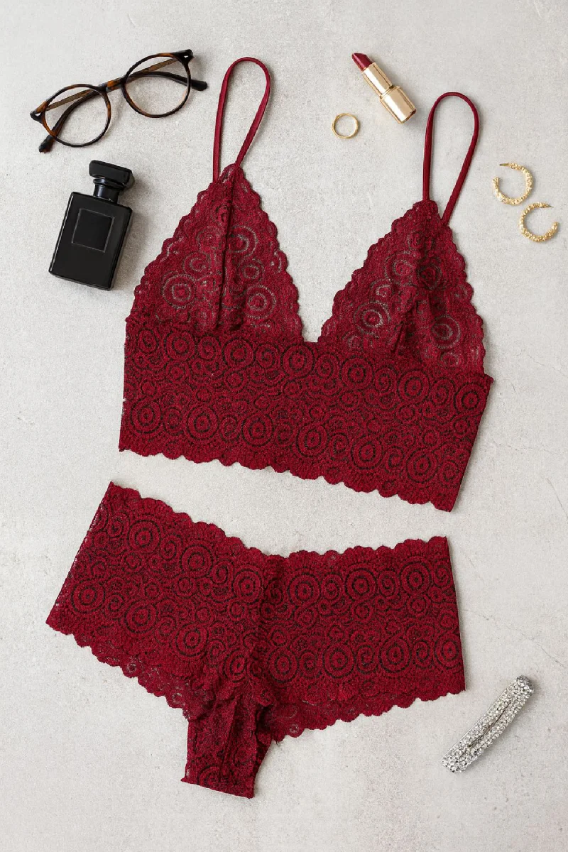 Kadın Bordo Dantel Bralet Şort Takımı – Asil Ve Sofistike İç Giyim