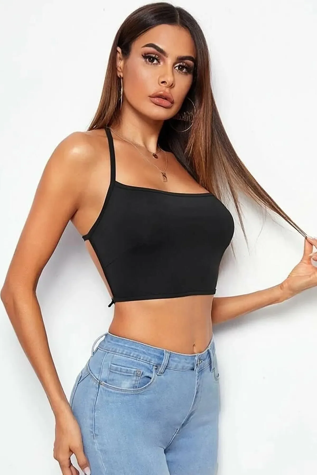 Kadın Sırtı Açık Siyah Belden Bağlamalı Crop Büstiyer