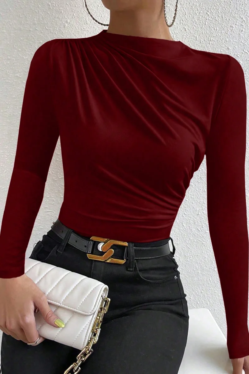 Kadın Bordo Belden Ve Boyundan Büzgü Detaylı Uzun Kollu Bluz