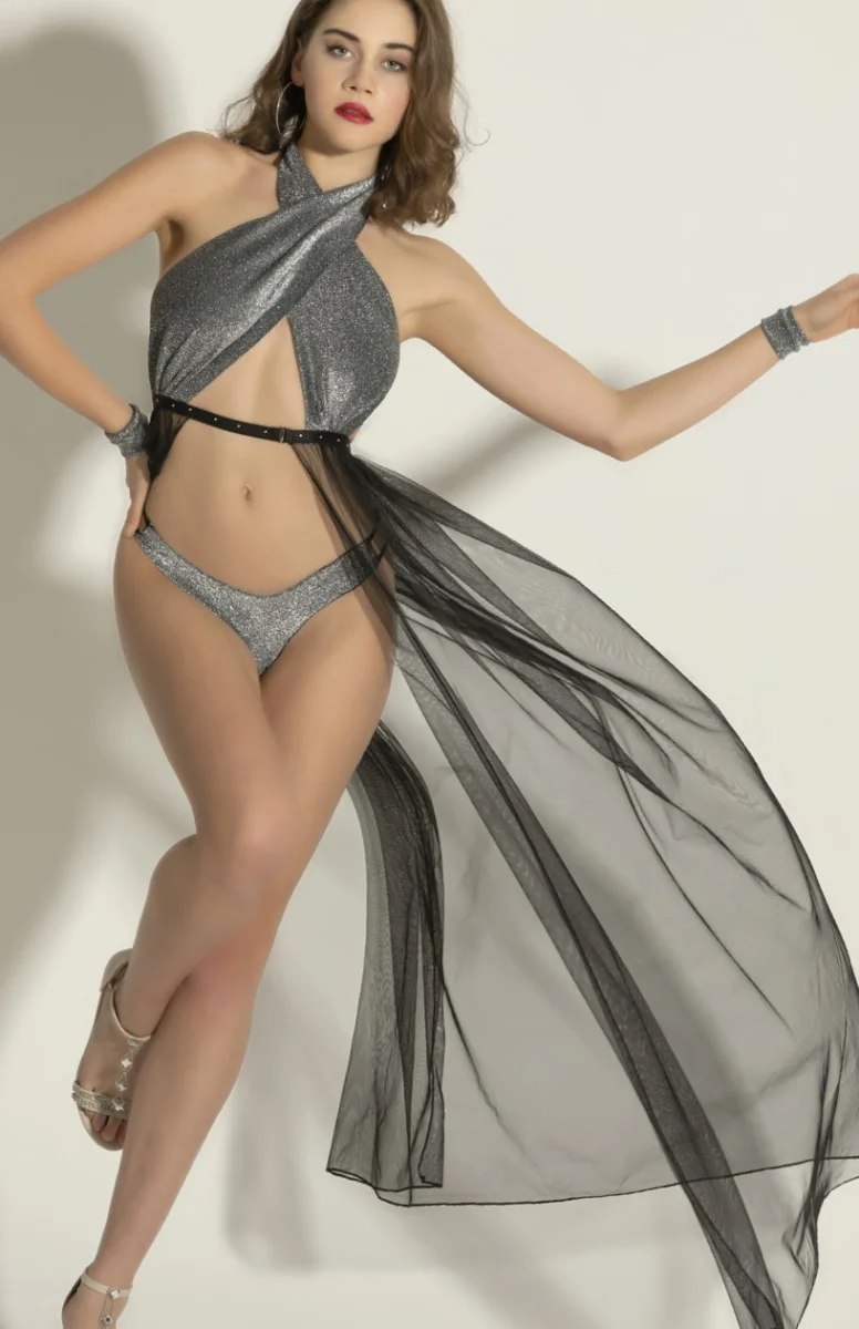 Gümüş Işıltılı Tül Detaylı Seksi Fantezi İç Giyim Seti,3 Parça Seksi Fantazi Kostüm