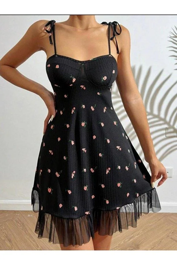 Kadın Siyah Pembe Gül Desenli Askılı Bağlamalı Dantel Detaylı Elbise 5072