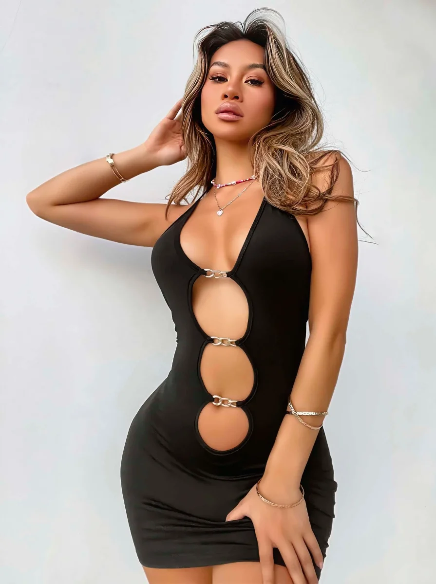 Kadın Siyah Halter Yaka  Akseusar Detaylı Boyundan Bağlamalı Fantezi Elbise 5138