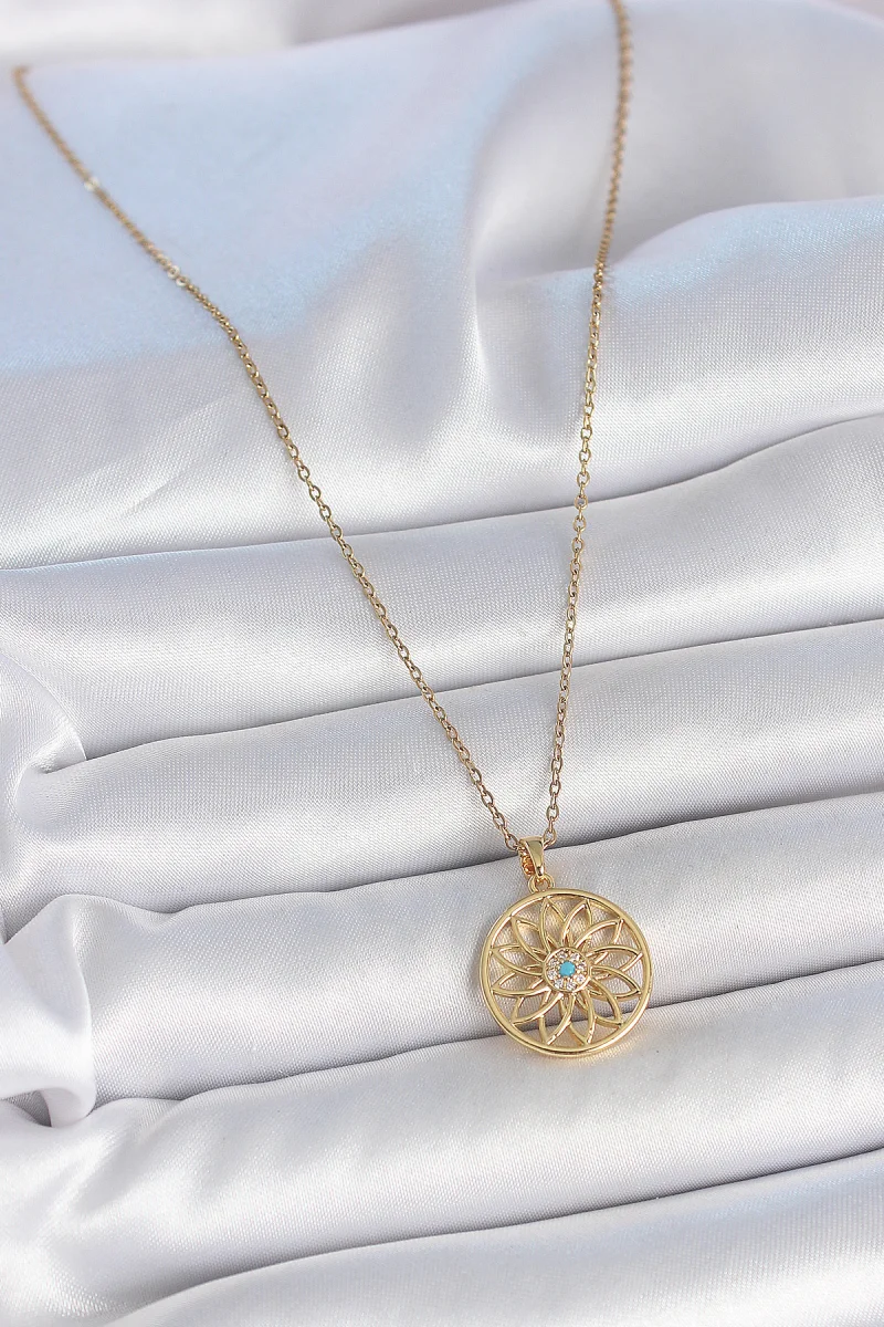 316L Çelik Gold Renk Zincr Mavi Taşlı Lotus Model Kadın Kolye