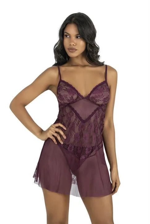 Dantel İşlemeli Mürdüm Kısa Tül Gecelik