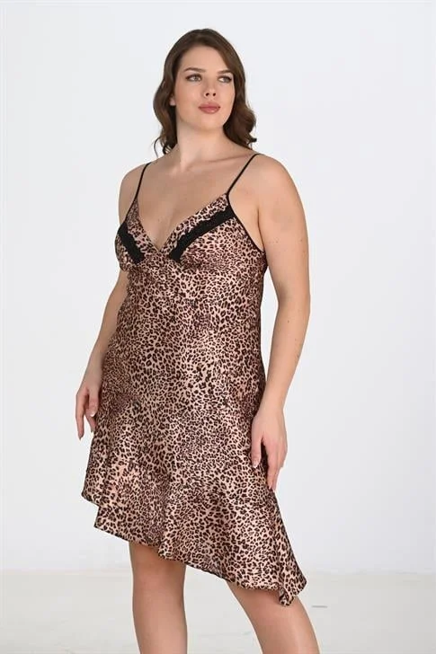 Premium Büyük Beden Saten Leopar Gecelik Bigsize