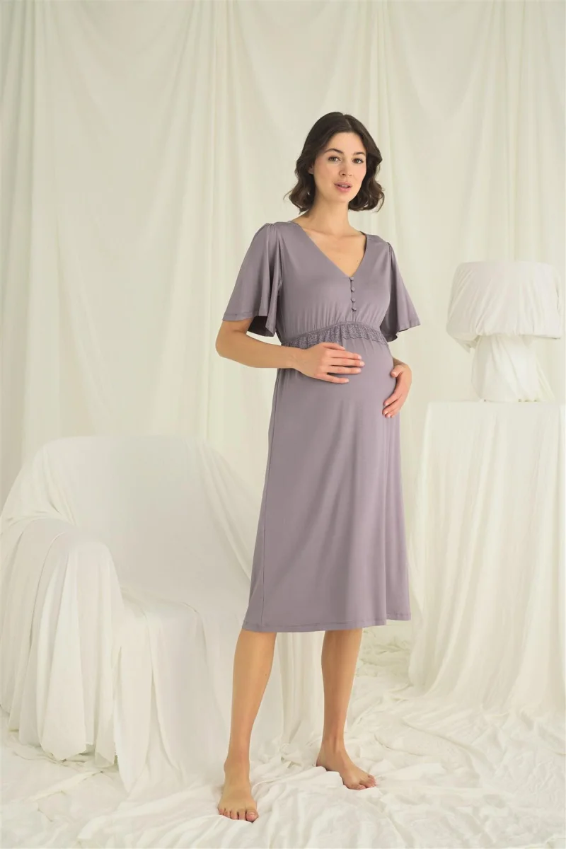 Dantelli Önden Düğmeli Hamile Lohusa Gecelik