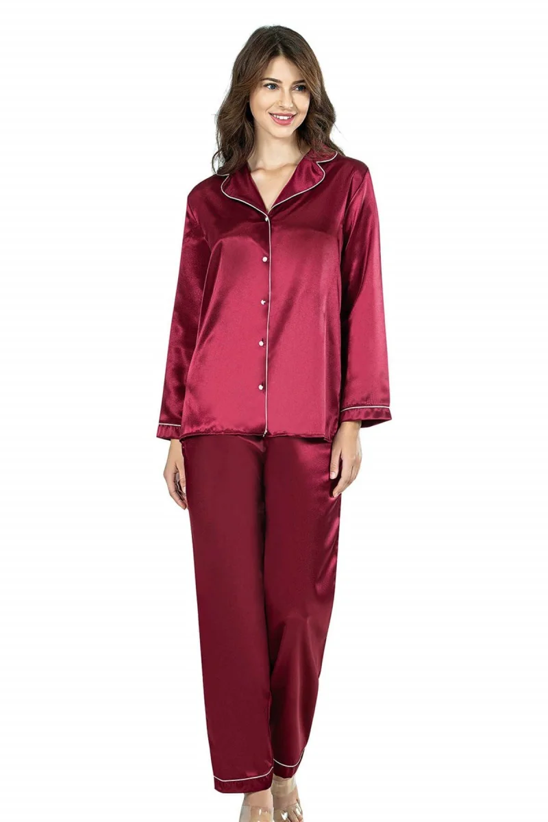 Bordo İkili Saten Gecelik Pijama Takımı 7647