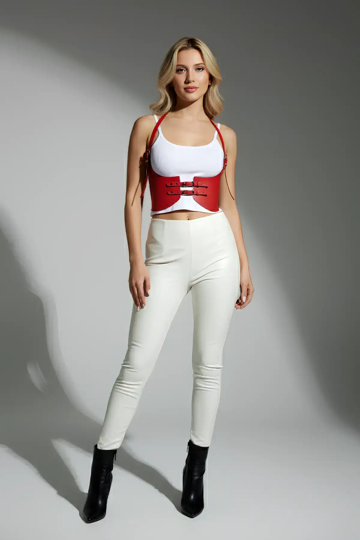 Kırmızı Renk Kalın Kadın Kemeri, Elbise Kemeri, Şık Deri Kemer, Deri Kemer Harness - Brf605